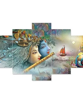 EthnicGalaxy Set Of Five Radha Krishna Ji Religious Framed Paintings For Wall Decoration Home Decorations, Big Size (75 X 43 CM) K3(Multicolor)