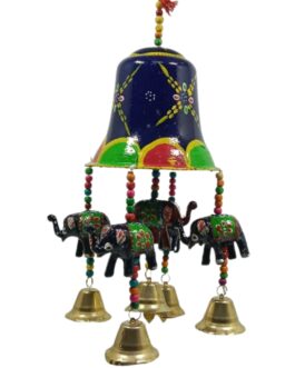 Handcrafted Large Wind chime, Navy Blue, with Multicolored Elephants, Bells, 30cm