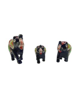 Handcrafted Paper Mache Elephant Family Figurines, Set of 3, Black with Green Color