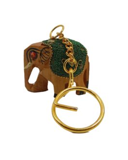 Handcrafted Wooden Elephant Key Chain, Decorative, Bajni Design, Green, 6.5 cm x 6 cm x 4.5 cm