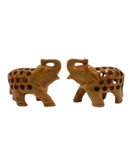 Hand Carved Wooden Undercut Jali Elephant Figurine, Salute, 5 cm, 7cm x 3.5cm x 5.5cm, Pack of 2