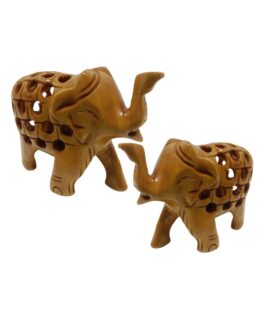 Hand Carved Wooden Undercut Jali Elephant Figurine, Greeting, 5 cm, Pack of 2