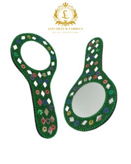 Decorative Handmade Vanity Mirror with Lac Work, Round, Green, Easy to Carry