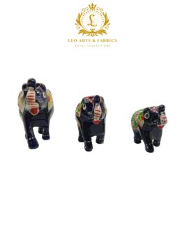 Handcrafted Paper Mache Elephant Family Figurines, Set of 3, Black with Green Color