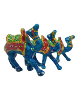 Handcrafted Paper Mache Camel Family Figurines, Set of 3, Firoze Blue