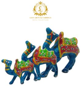 Handcrafted Paper Mache Camel Family Figurines, Set of 3, Firoze Blue