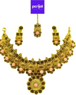 Parijat Elegant Handcrafted Gold Plated Necklace Jewellery Set with Earrings And Mangtika, Baby Pink Stone