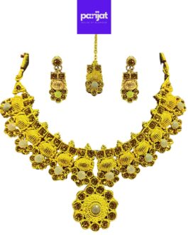 Parijat Elegant Handcrafted Gold Plated Necklace Jewellery Set with Earrings And Mangtika, Grey Stone