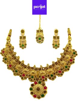 Parijat Elegant Handcrafted Gold Plated Necklace Jewellery Set with Earrings And Mangtika, AD, Multi Coloured Stone