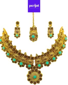 Parijat Elegant Handcrafted Gold Plated Necklace Jewellery Set with Earrings And Mangtika, AD, Sea Blue Stone