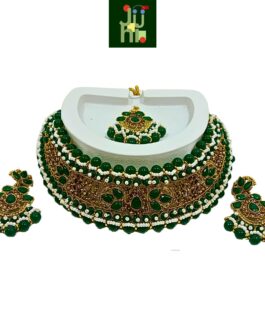 JUHI Handcrafted Gold Plated Necklace Jewellery Set with Earrings And Mangtika, Emerald Green beads, AD, Pearls