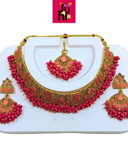 JUHI Handcrafted Gold Plated Necklace Jewellery Set with Earrings And Mangtika, Pink beads, AD