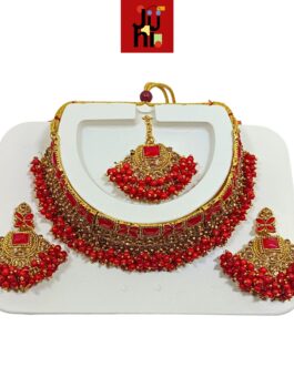 JUHI Handcrafted Gold Plated Necklace Jewellery Set with Earrings And Mangtika, Red beads, AD