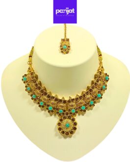 Parijat Elegant Handcrafted Gold Plated Necklace Jewellery Set with Earrings And Mangtika, AD, Sea Blue Stone