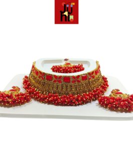 JUHI Handcrafted Gold Plated Necklace Jewellery Set with Earrings And Mangtika, Red beads, AD