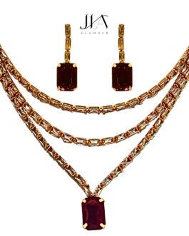 Jia Glamour – Handcrafted Rose Gold Plated Necklace Set with Earrings, Red Gemstones