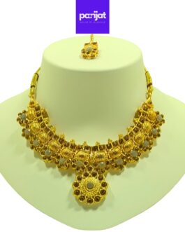 Parijat Elegant Handcrafted Gold Plated Necklace Jewellery Set with Earrings And Mangtika, Grey Stone