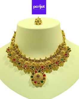 Parijat Elegant Handcrafted Gold Plated Necklace Jewellery Set with Earrings And Mangtika, AD, Multi Coloured Stone