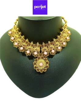 Parijat Elegant Handcrafted Gold Plated Necklace Jewellery Set with Earrings And Mangtika, Baby Pink Stone