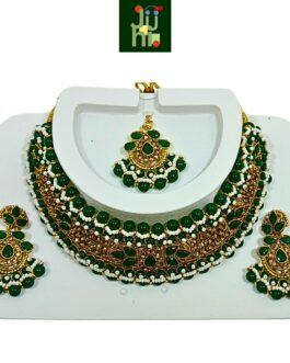 JUHI Handcrafted Gold Plated Necklace Jewellery Set with Earrings And Mangtika, Emerald Green beads, AD, Pearls