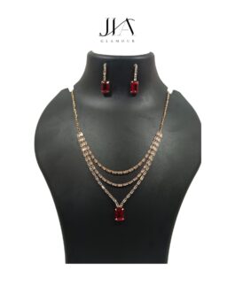 Jia Glamour – Handcrafted Rose Gold Plated Necklace Set with Earrings, Red Gemstones