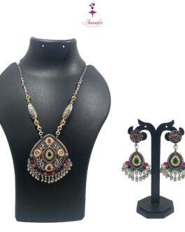 ANAMIKA Handcrafted Necklace Jewellery Set with Ear Rings, Ozidized, Oval Pendant,  4 Small Pearls