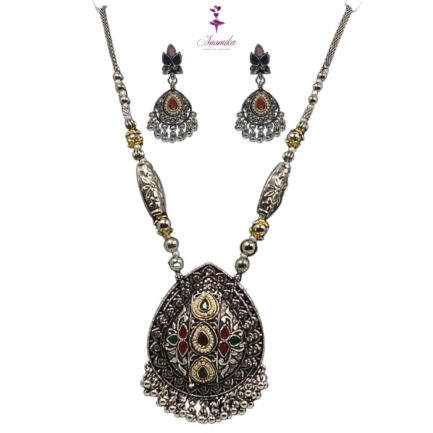 ANAMIKA Handcrafted Necklace Jewellery Set with Ear Rings, Ozidized, Tear-Drop Pendant,  4 Small AD Pearls - Image 6