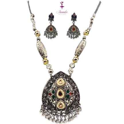 ANAMIKA Handcrafted Necklace Jewellery Set with Ear Rings, Ozidized, Tear-Drop Pendant,  3 Small AD Pearls - Image 6