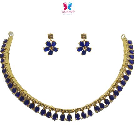 VELVET Handcrafted Gold Plated Necklace Set, White AD, Blue Stone - Image 5