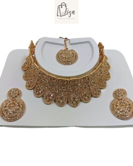 Fiza Handcrafted Gold Plated Necklace Jewellery Set with Earrings And Mangtika, White AD, Rose Gold