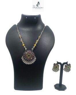 SAMIRA Handcrafted Necklace Jewellery Set with Ear Rings Oxidized Round Pendant