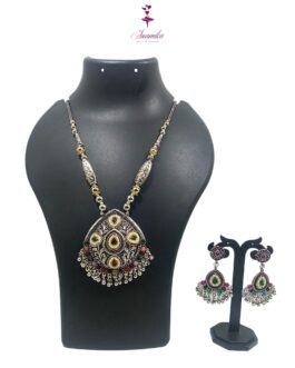 ANAMIKA Handcrafted Necklace Jewellery Set with Ear Rings, Ozidized, Oval Pendant,  5 Small Pearls