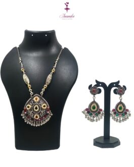 ANAMIKA Handcrafted Necklace Jewellery Set with Ear Rings, Ozidized, Oval Pendant,  5 Small Pearls