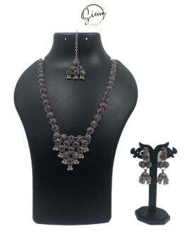 SIERRA Necklace Jewellery Set with Ear Rings, MaangTika, Oxidized, V Shaped Pendant, AD