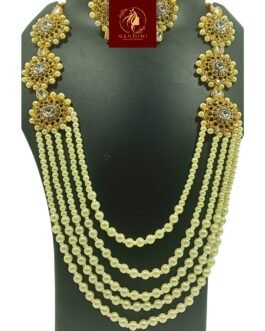 Nandini Handcrafted Gold Plated Necklace Jewellery Set with Long Chain, Earrings And Mangtika, Clear AD, Pearl Off-White