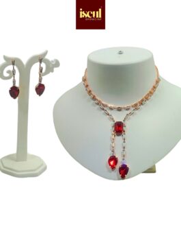 Iseul Showline – Handcrafted Rose Gold Short Necklace Set with Rectangular Pendant, matching Earrings, Red