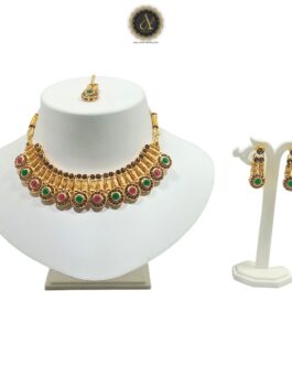 Artik Hallmark – Handcrafted Gold Plated AD Spiral Necklace Set with Earrings And Mangtika, AD, Multicolour, Suited for Party Wedding Festive for Women