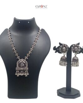 Ozone Handcrafted Gold Plated Long Necklace Jewellery Set with Earrings, Oxidized, Radhe Krishna Pendant