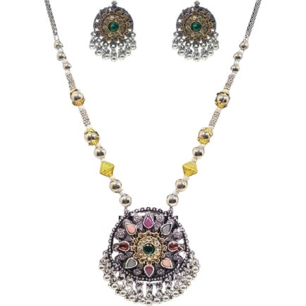 SAMIRA Handcrafted Necklace Jewellery Set with Ear Rings Oxidized Round Pendant - Image 4