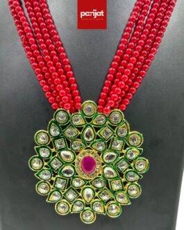 Parijat Handcrafted Gold Plated Necklace with Earrings, AD, Pearl, Red and White