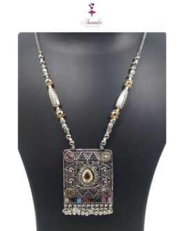 ANAMIKA Handcrafted Necklace Jewellery Set with Ear Rings, Ozidized, Square Pendant