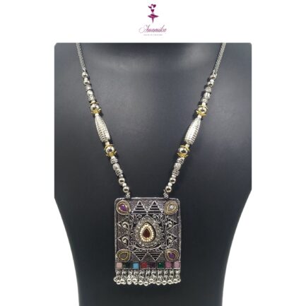 ANAMIKA Handcrafted Necklace Jewellery Set with Ear Rings, Ozidized, Square Pendant - Image 2