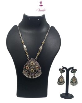 ANAMIKA Handcrafted Necklace Jewellery Set with Ear Rings, Ozidized, Oval Pendant,  4 Small AD Pearls(Pink, Purple, Grey)