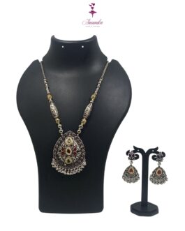 ANAMIKA Handcrafted Necklace Jewellery Set with Ear Rings, Ozidized, Tear-Drop Pendant,  4 Small AD Pearls