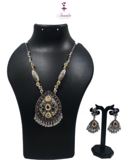 ANAMIKA Handcrafted Necklace Jewellery Set with Ear Rings, Ozidized, Tear-Drop Pendant,  3 Small AD Pearls