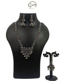 SIERRA Necklace Jewellery Set with Ear Rings, MaangTika, Oxidized, V Shaped Pendant, AD