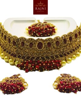 Rajni Handcrafted Gold Plated Necklace Jewellery Set with Earrings And Mangtika, Beads, Pearl, AD, Multicolour