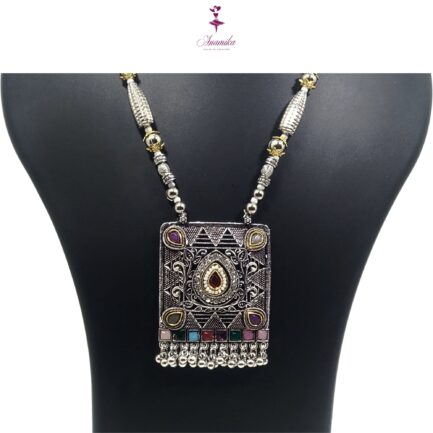 ANAMIKA Handcrafted Necklace Jewellery Set with Ear Rings, Ozidized, Square Pendant - Image 3