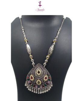 ANAMIKA Handcrafted Necklace Jewellery Set with Ear Rings, Ozidized, Oval Pendant,  4 Small AD Pearls(Pink, Purple, Grey)