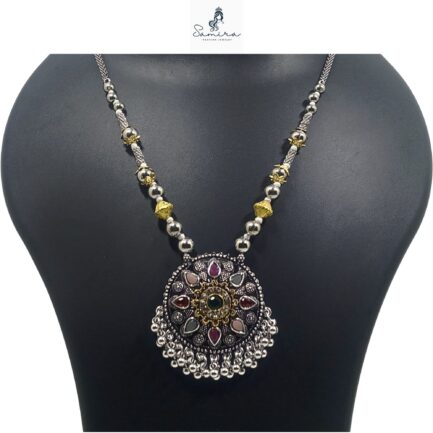 SAMIRA Handcrafted Necklace Jewellery Set with Ear Rings Oxidized Round Pendant - Image 3